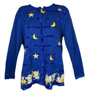 The Quaker Factory Blue Stars Moon Angels Holiday Women's Zipper Sweater Size M‎